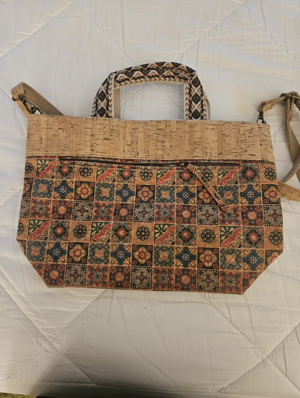 Handcrafted Tile-Pattern Bag in Tan and Multicolor